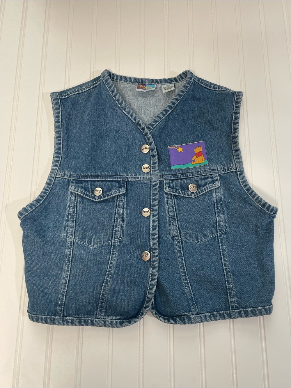 Vintage Denim Vest Colorful Winnie the Pooh Patch Embroidered Back Youth Large L